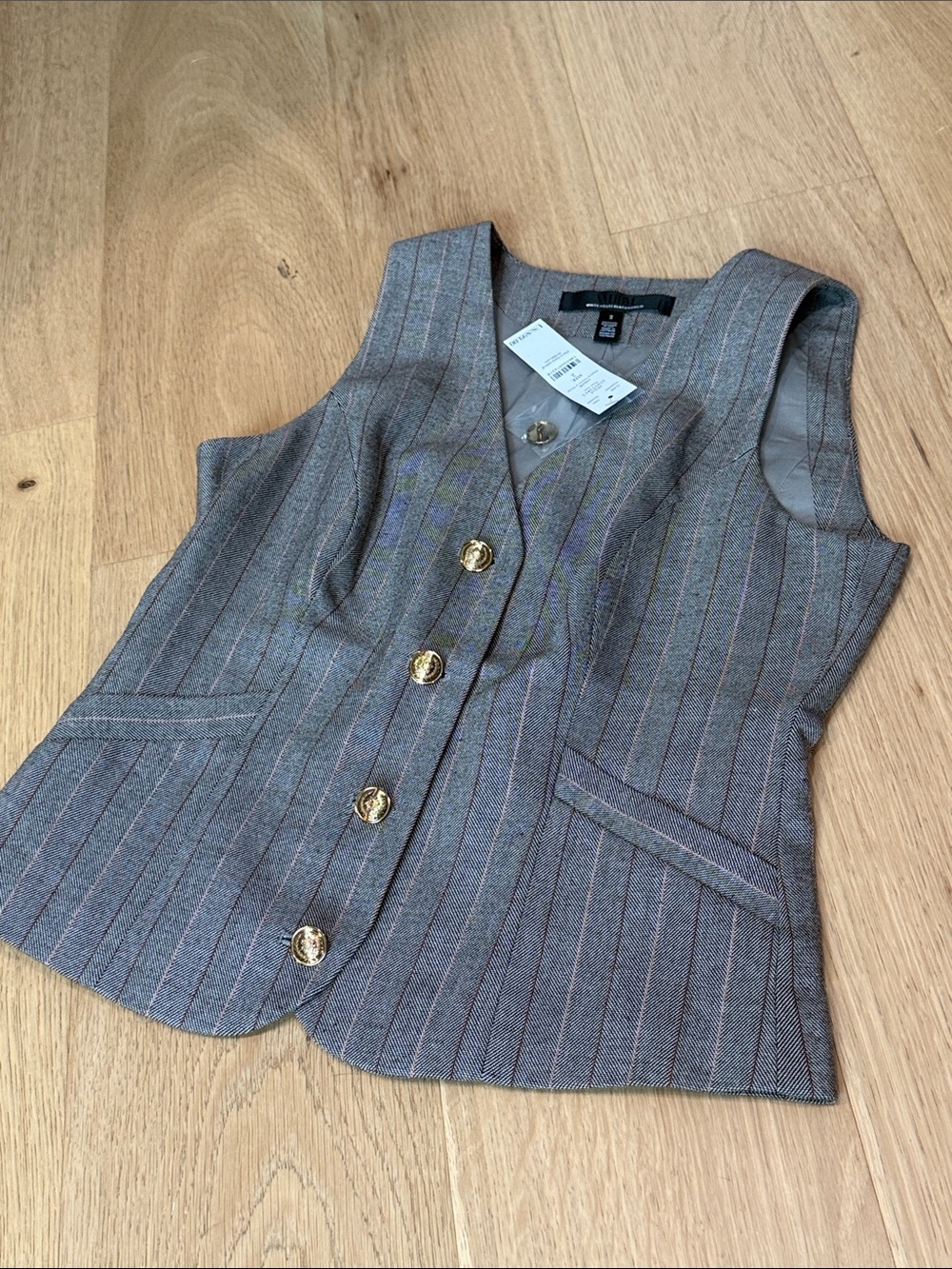 WHBM Tailored Gray Pinstripe Women's Vest with Gold Buttons